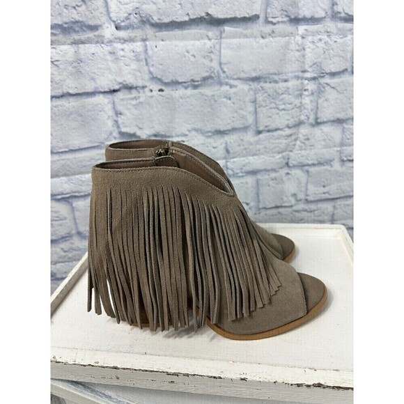 Steve Madden Women 7M Taupe Boot Suede Leather Zip Open Toe Fringe Heeled Bootie - Picture 6 of 12